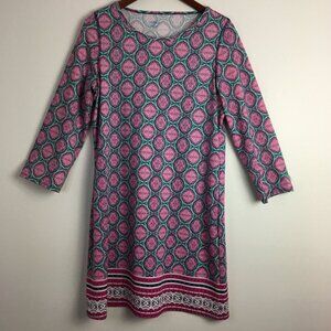 CABANA LIFE  Womens Sz‎ Medium Pink Teal Geo Print 3/4 Sleeve Stretch Dress
